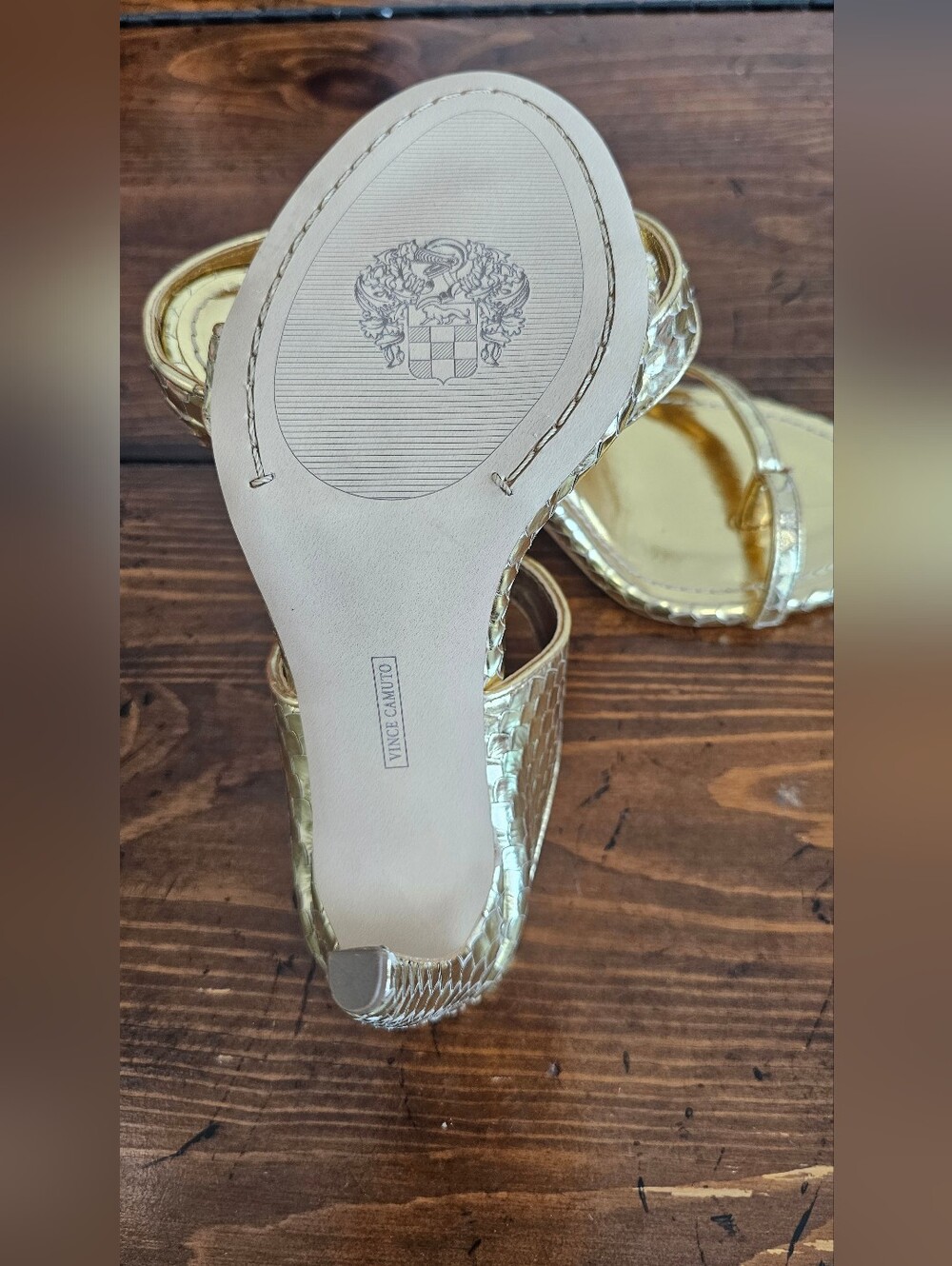 Vince Camuto Gold Metallic Snake-Print High Heel Slide Sandals Womens Sz 6M - Picture 8 of 9
